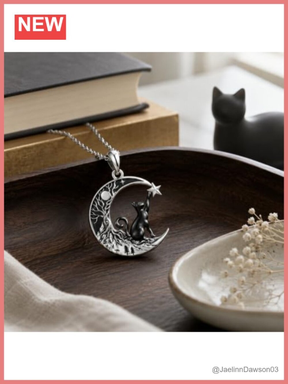 Crescent Moon Black Cat Pendant Necklace Tree of Life Gothic Jewelry Gift - Picture 2 of 6
